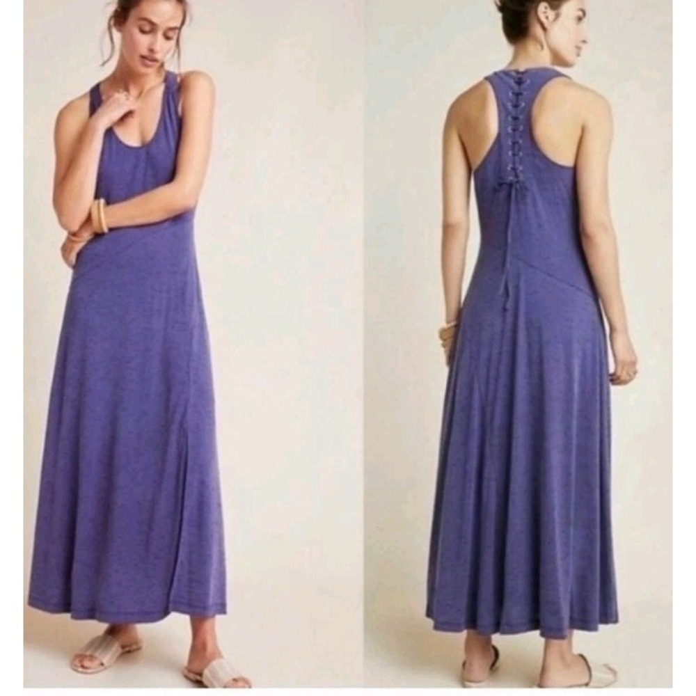 Maeve Anthropologie L Blue Melanie Maxi Dress Lace-Up Coastal Chic Boho Cottage - Picture 1 of 12